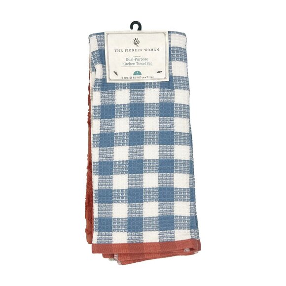 Pioneer Woman Gingham Woven Kitchen Towels 4pc Set Green Blue Brown 18"x28" New - Picture 3 of 7